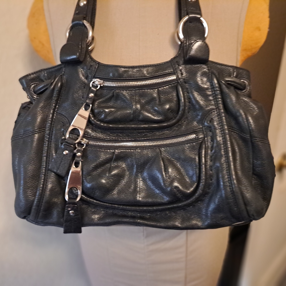 B. Makowsky Black Leather Shoulder Bag W Leopard Lining Very Nice!